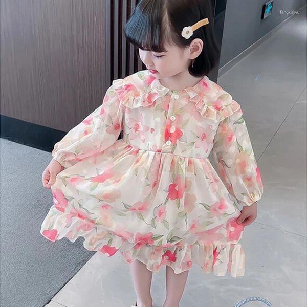 Robes de fille enfants fleurs rose fleur rose 2023 Summer coréen style baisser le col lanterne manche en mousseline de mousseline