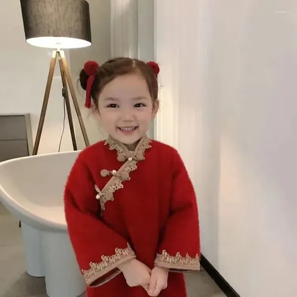 Vestidos de niña para niñas, ropa roja de corte en A, ropa gruesa de invierno para niños, Cheongsam de estilo chino, falda elegante bordada para fiesta