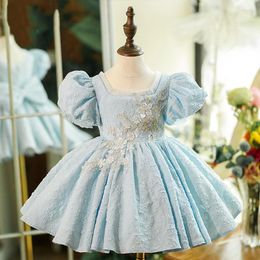 Robes de fille Enfants Filles Fête De Mariage Bleu Princesse Robe D'anniversaire Performance Enfants Robes De Bal Appliques Puffy Manches Arc Costume