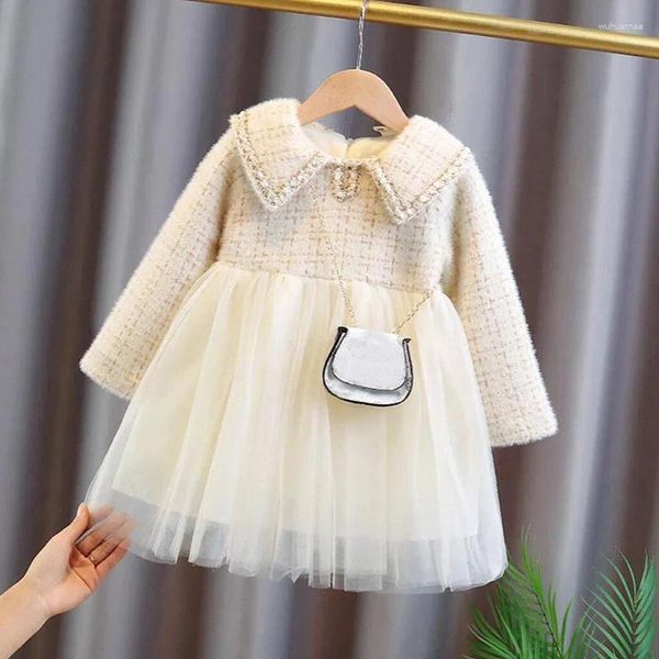 Robes de fille enfants filles hiver plus velours épaissir robe pour vêtements pour enfants laine chaude a-ligne maille tutu bébé princesse 2024