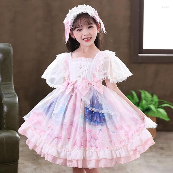 Vestidos de niña, vestido de Lolita para niños, lazo de encaje rosa, vestido de fiesta de cumpleaños de princesa para niñas bonitas y dulces, vestido de hada de 3 a 15 años