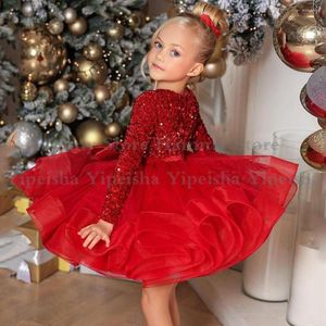 Robes de fille enfants Pageant Sequin Tutu fleur robe manches longues volants scintillants Tulle robes d'anniversaire de fille grand arc