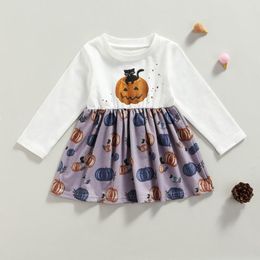 Girl Dresses Kids Princess Dress Girls Halloween Pumpkin Print Party O-Neck Lange Mouw zomer 6 maanden-4 jaar