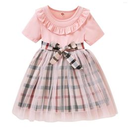 Robes de fille Enfants Toddler Infant Baby Girls Short Sleeve Plaid Patchwork Tulle Dress Princess Outfits