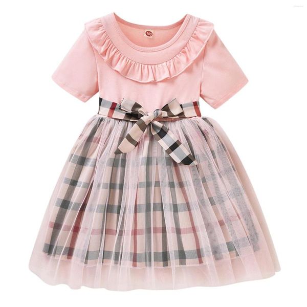 Robes de fille Enfants Toddler Infant Baby Girls Short Sleeve Plaid Patchwork Tulle Dress Princess Outfits