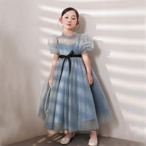 Fille robes enfants Tulle robe de fête d'anniversaire a-ligne cheville longueur à plusieurs niveaux fleur arc o-cou manches bouffantes robe de bal pour 4-10Y