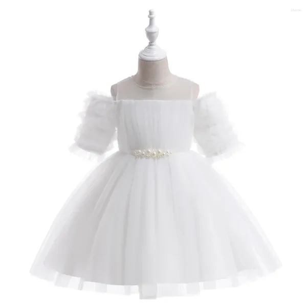 Vestidos de niña Niños Blanco Corto Boda Cumpleaños Rendimiento Fiesta Vestido de noche Niñas Vestido de fiesta Fuera del hombro Perlas Cinturón Ropa 4-13 años