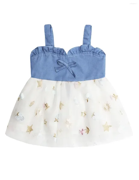 Robes de fille KIDSCOOL SPACE – salopette en Jean pour bébés filles, jupe à bretelles en Tulle épissé Double couleur brodée ciel étoilé