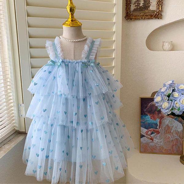 Fille robes corée enfants princesse filles maille sangle robe amour impression gâteau été enfants fête anniversaire