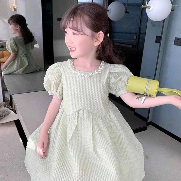 Vestidos de niña Vestido de niñas de Corea Cuello de perla Moda de verano Mangas de burbuja Princesa Niños pequeños Flor para bodas