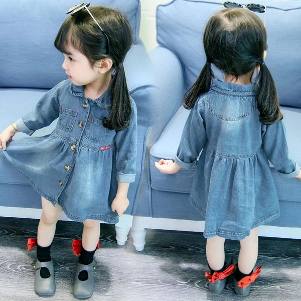 Vestidos de niña Bebés coreanos Princesa Vestido de mezclilla Niños Volantes Collar Manga larga Niños pequeños Lindo Casual Ropa de una pieza B230