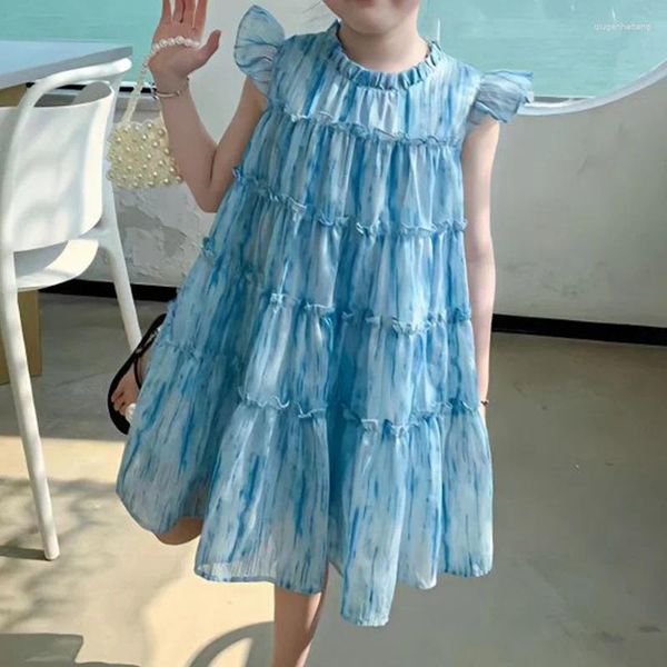 Robes de fille vêtements pour enfants coréens bleu été filles col rond dégradé de couleur dentelle Patchwork en mousseline de soie robe de princesse sans manches