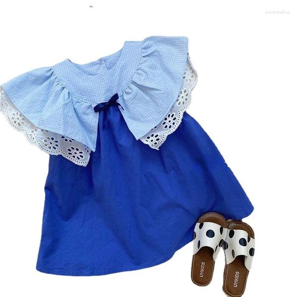 Vestidos de niña Ropa para niños coreanos Verano Bebé Azul Vestidos para niñas Vestido de princesa Cuello de encaje Algodón A cuadros Sin mangas Ropa para niños pequeños