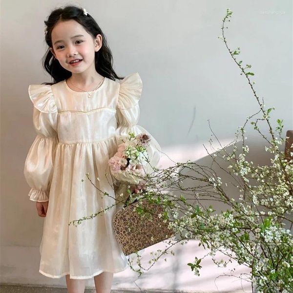 Vestidos de niña, vestido informal coreano para niñas, manga abombada, ropa de moda Ins, ropa para niños de 3 a 10 años de largo, seda satinada, Otoño Invierno