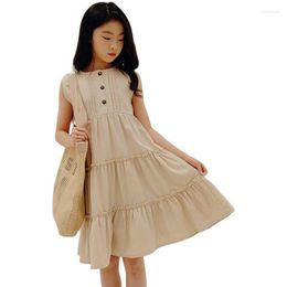 Fille Robes Coréenne Lâche Style Enfants Pour Les Filles D'été Sans Manches Abricot Coton Casual Robe D'été Enfants Robe De Soirée Adolescent Vêtements 15Y