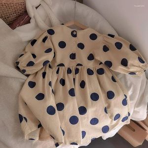 Meisje Jurken Koreaanse Ronde Hals Mode Casual Knop Zoete Jurk Leuke Polka Dot Lange Mouwen Meisjes Prinses Kleding