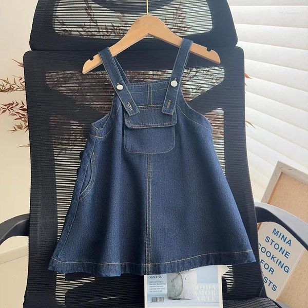 Vestidos de niña estilo coreano otoño niñas azul sin mangas A-line botón Denim con bolsillos prendas de vestir para niños