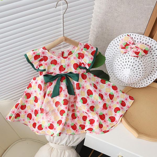 Fille robes Style coréen enfant bébé robe d'été col rond manches volantes arc fraise imprimé fleuri plage Vestidos vêtements pour enfants