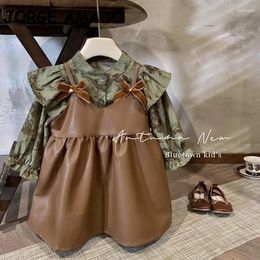 Robes de fille Style coréen printemps automne robe manches longues Floral col montant chemises de poupée gilet sans manches en cuir artificiel H055