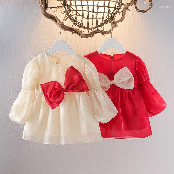 Robes pour filles, Version coréenne, robe de soirée de printemps et d'automne, couleur unie, en maille, vêtements mignons de Style nœud pour enfants