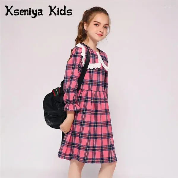 Robes de fille kseniya enfants en gros de printemps automne filles à manches longues robe en dentelle cols plaid tissu chaud doux avec laine pour l'école de fête