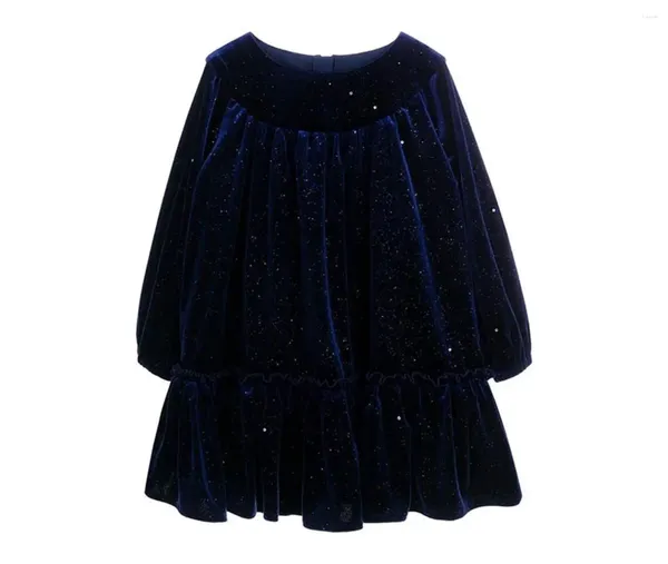 Vestidos de niña KT6394 2024, ropa de marca de último estilo para niños, vestido azul purpúreo de invierno, falda de encaje grande elegante de terciopelo