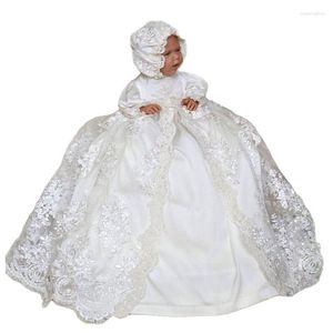 Robes de fille en dentelle baptême pour bébés filles appliqué satin baptême 1ère année robe de fête d'anniversaire avec bonnet né vêtements Bebes