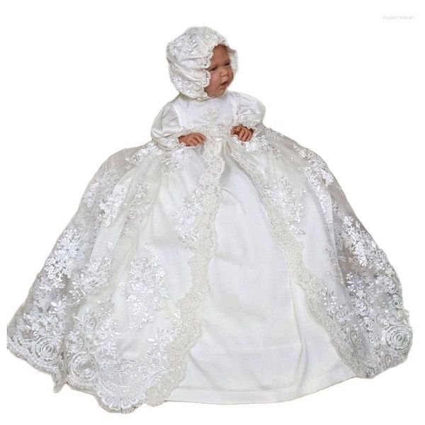 Robes de fille en dentelle baptême pour bébés filles appliqué satin baptême 1ère année robe de fête d'anniversaire avec bonnet né vêtements Bebes