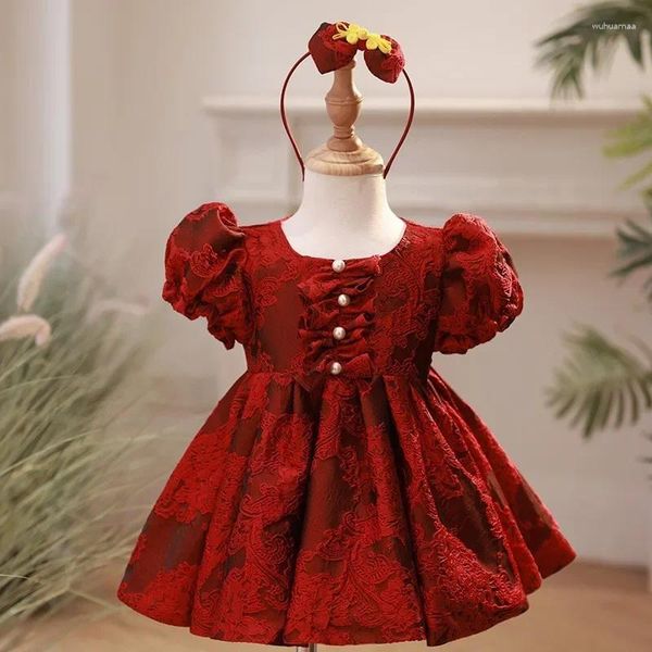 Robes de fille robe en dentelle correspondant aux enfants tenue de fleur anniversaire baptême élégant enfants arc robes boutique fête porter robe de bal rouge