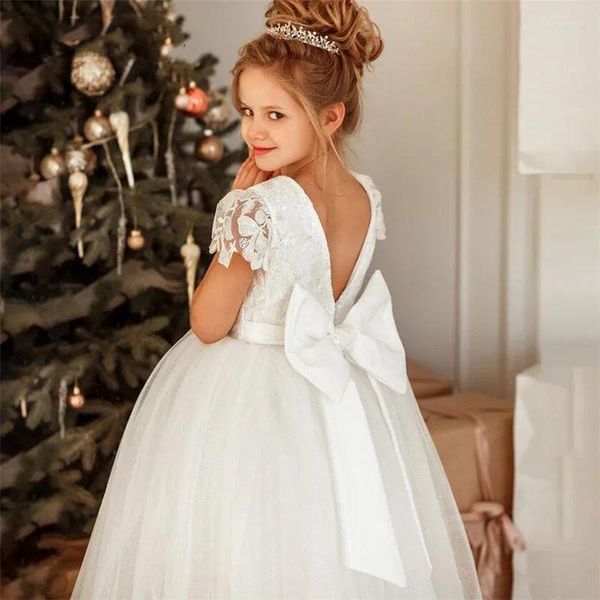 Robe fille robe de fleur en dentelle blanche manche courte V-back robe de bal souffle bouffy avec arc kid