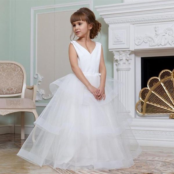 Fille Robes Dentelle Fleur Col En V Organza Sainte Première Communion Robe Filles Enfants Pour La Fête D'anniversaire De Mariage