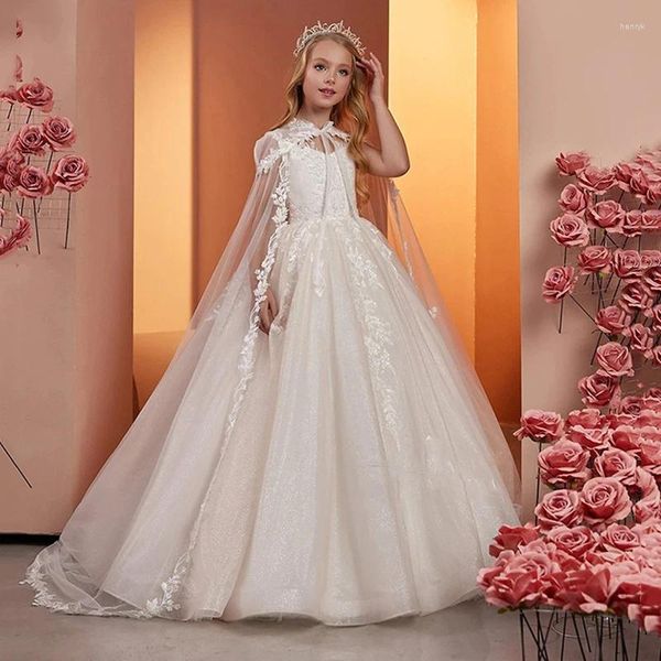 Robes de fille dentelle tulle robe de fleur pour le mariage sans manches avec cape gonflée brillante princesse élégante première communion robes d'anniversaire 2024