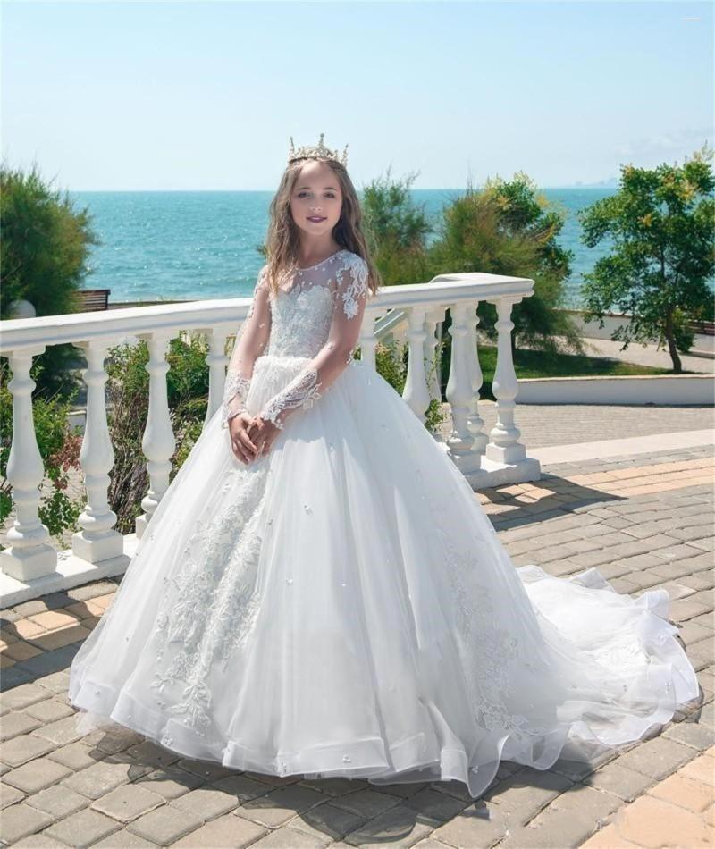 Girl Dresses Lace Tulle White Appliques Long Sleeves First Communion Dress Ball Gown Flower With Pearls Prom Wear