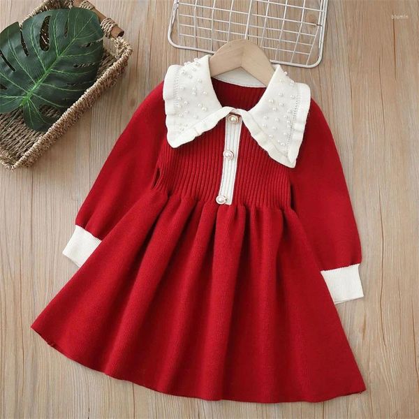 Vestidos de niña con solapa, vestido de perlas para niña, Otoño Invierno, tejido de manga larga, suéter para bebé para fiesta de cumpleaños, Vestidos