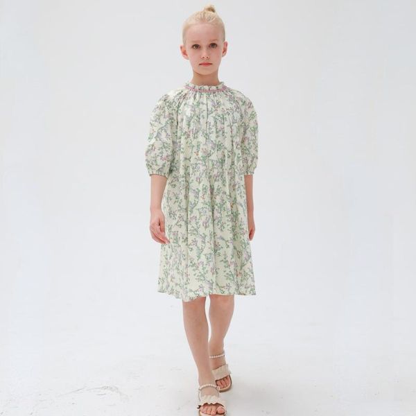 Fille Robes Lavande Grand Buste Robe Lâche Bébé Ensemble Normal Adolescent 2023 Vêtements D'été Avec Doublure Enfants Floral Coton # 7304