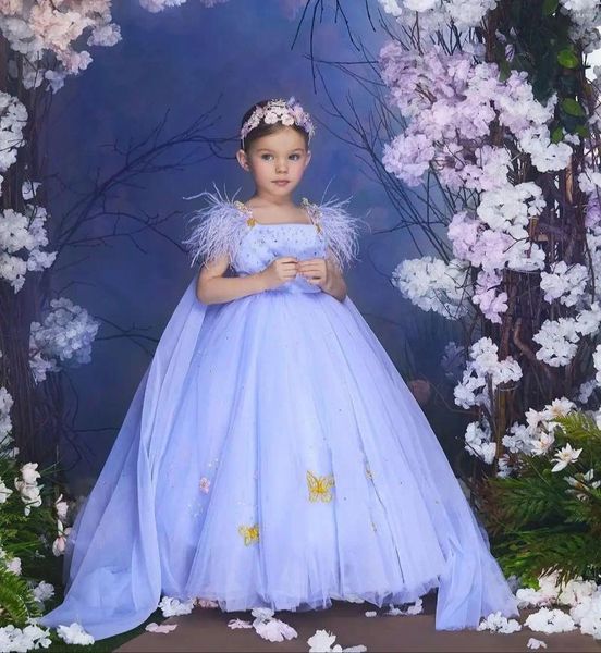Robes de fille lavande Pageant paillettes perles plumes enfants robes d'anniversaire avec châles Appliques petites filles Poshoot