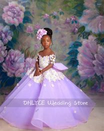 Robes de fille Lavande Violet Fleur Filles Robe Pour Mariage Sheer Mesh Appliques Perles Perles Bébé Fête D'anniversaire Robes De Bal Communion