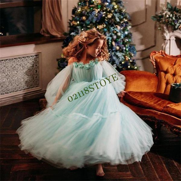 Robes de fille bleu clair robe à fleurs fête de mariage jupe en Tulle à volants princesse robe de bal sur fluide Floral enfants Cosplay