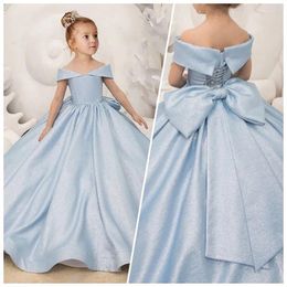 Robes de fille bleu clair fleur Simple nœud élégant princesse Satin robe de bal pour enfants fête d'anniversaire première robe de Communion