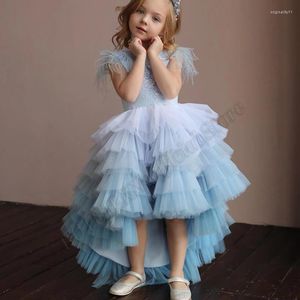 Robes de fille bleu clair à plusieurs niveaux fleur robe plume enfant en bas âge anniversaire reconstitution historique appliques fête de mariage sur mesure défilé de mode