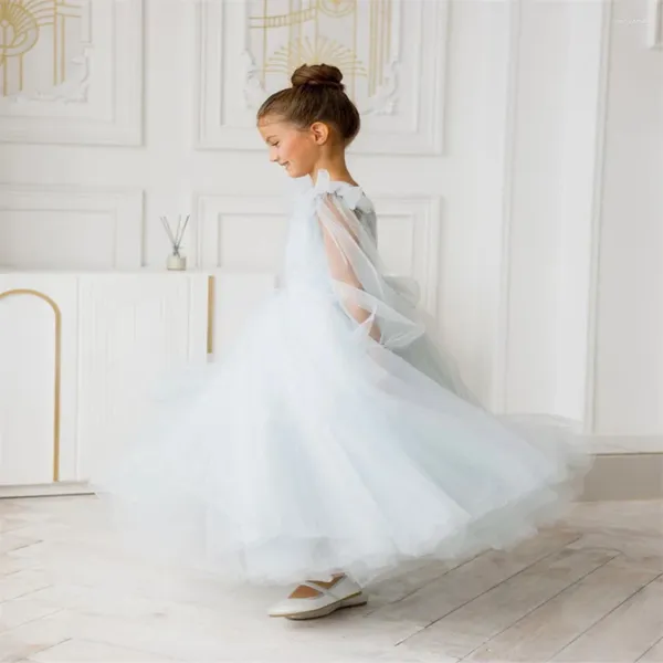 Robes de fille robe de fleur gonflée en tulle bleu clair pour le mariage v-back à manches longues élégant enfants fête d'anniversaire porter première eucharistique