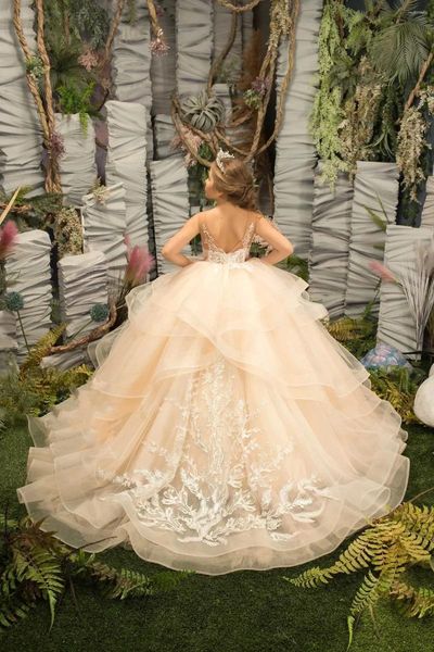 Robes de fille Champagne clair fleur pour les mariages longues Appliques Tulle princesse robe de fête d'anniversaire formelle robe de bal de soirée