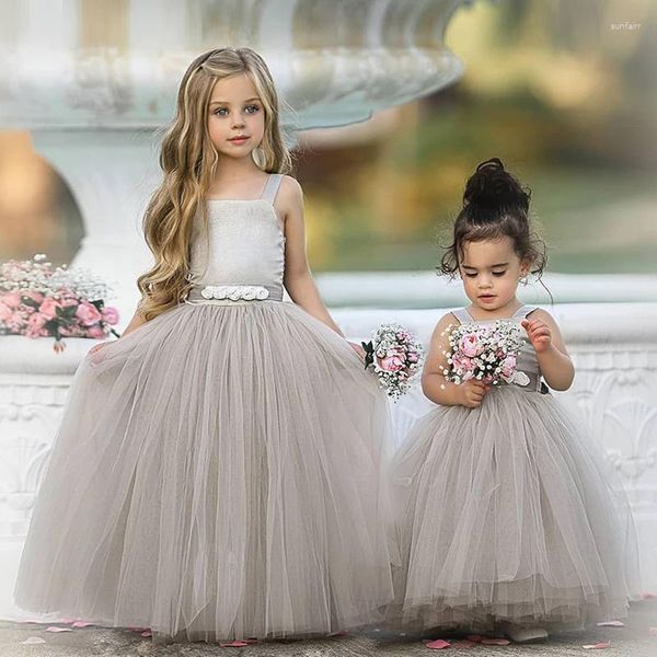 Robes de fille Grey Grey Tulle Princesse Fleur Aline Perles Belt Birthday Pageant Robe de Demoiselle Première Communion Colorful