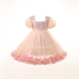 Meisje jurken lichtroze pailletten bloemjurk tule baljurk voor kinderen vintage vierkante kraag prinses mouwen vestidos de comunion