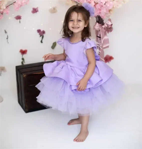 Vestidos de niña Vestido de flores hinchadas de satén de color púrpura claro Boda de tul con gradas con gran lazo Fiesta de cumpleaños del bebé Vestidos de fiesta Ropa de Navidad para niños