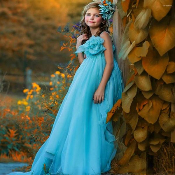 Robes à fleurs bleu ciel clair pour filles, robes de concours d'anniversaire pour enfants, en Tulle, cadeau de première Communion, 2023