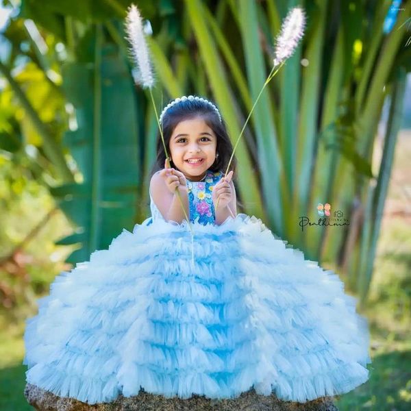 Robes de fille bleu ciel clair fleur florale paillettes tulle volants anniversaire de bal pour les petits enfants