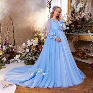 Meisje jurken lichte hemelsblauwe bloemenmeisjes jurk voor bruiloft kanten avondkinderen prinses feest optocht jurken poshoot verjaardag