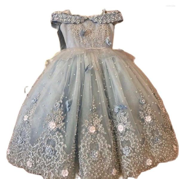 Robes de fille bleu ciel clair perles fleur pour robes de bal de mariage longueur de plancher Tulle enfant robe de premier anniversaire