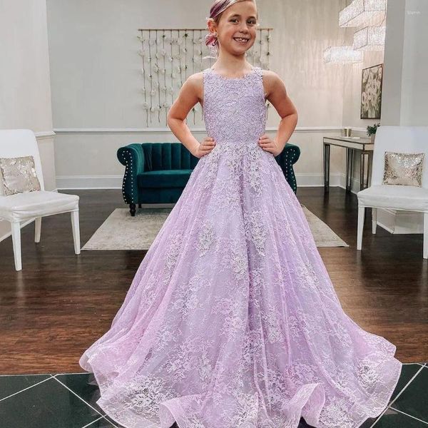 Vestidos de niña de flores de encaje lila para boda, vestidos de desfile para niños pequeños con apliques, vestido largo de primera comunión de línea A